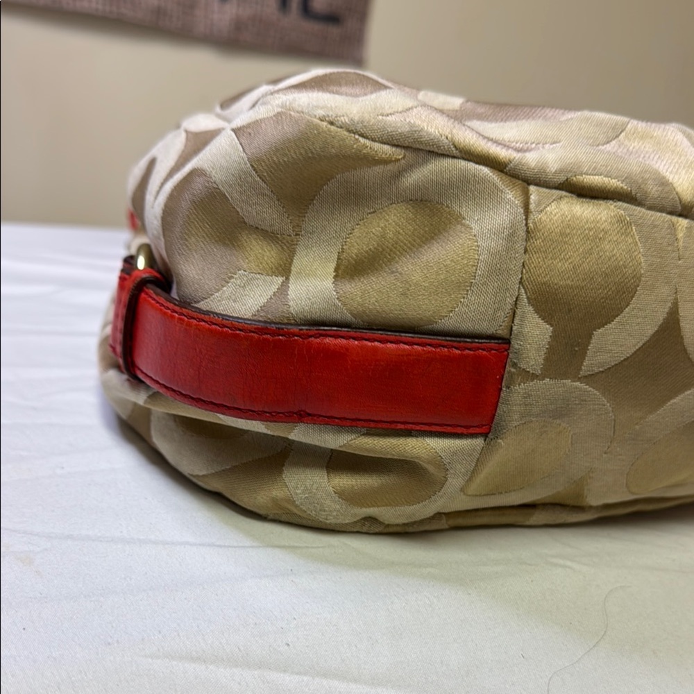 Coach Tan and Orange Signature Monogram Bag featuring Carriage logo on front. - Picture 4 of 16